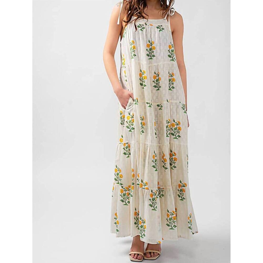 NEW URBAN DAIZY tiered floral cotton maxi dress in white green yellow - Picture 6 of 10